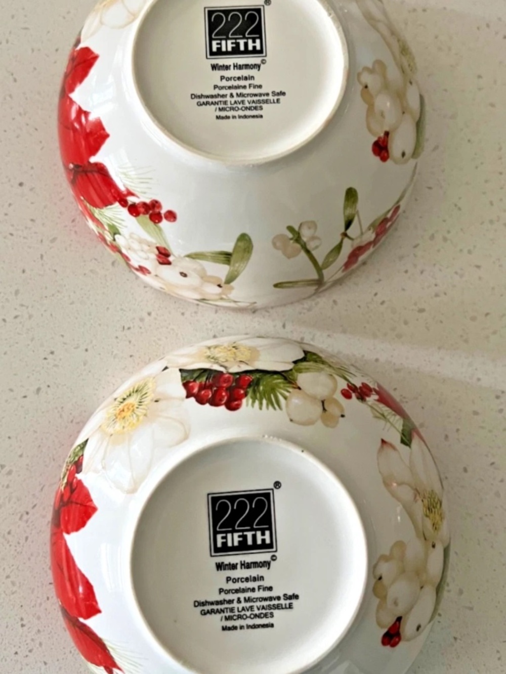 222 Fifth Bowls (Set of 2) Winter Harmony Porcelain Scalloped Rim Poinsettas